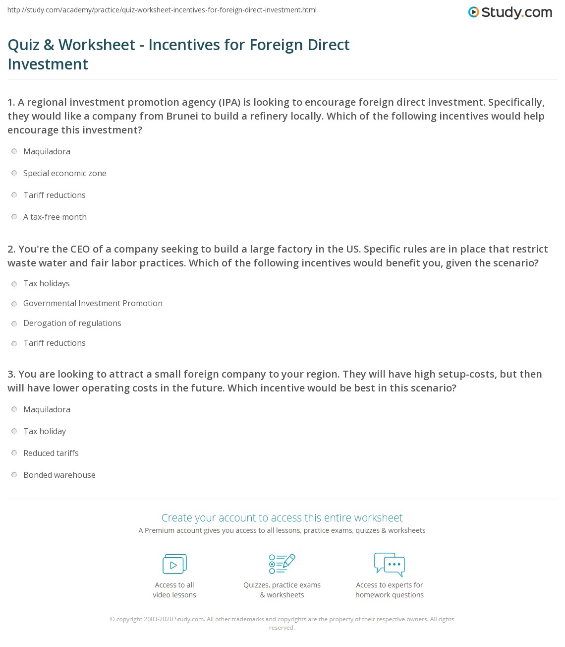 Quiz & Worksheet - Incentives for Foreign Direct Investment | Study.com