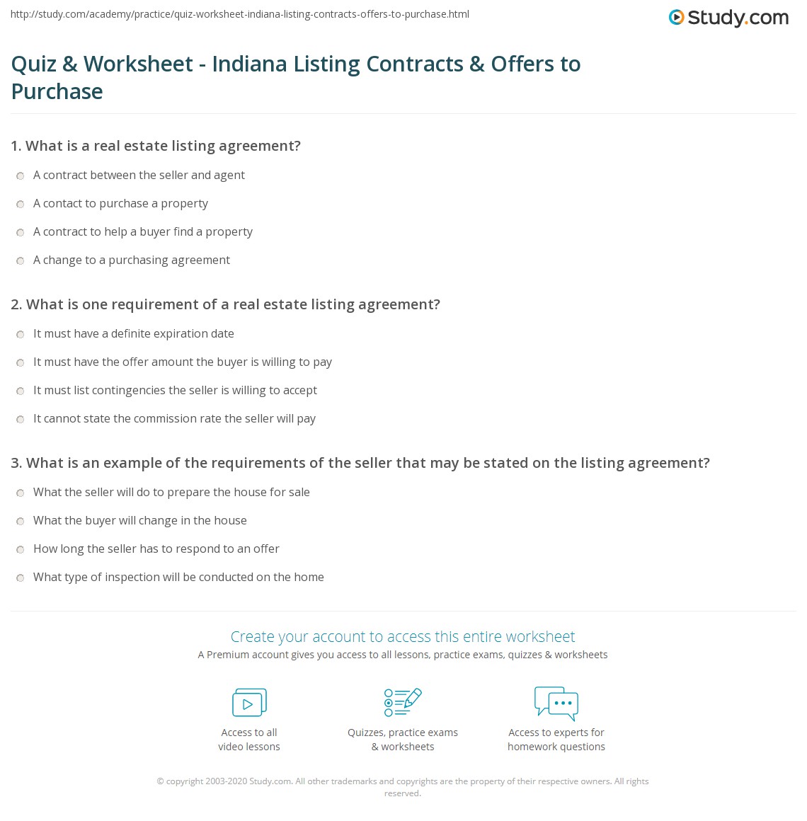 Quiz & Worksheet - Indiana Listing Contracts & Offers to Purchase |  Study.com