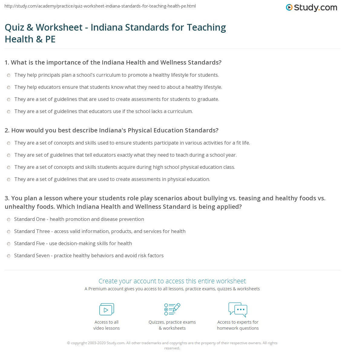 Quiz & Worksheet - Indiana Standards for Teaching Health & PE | Study.com