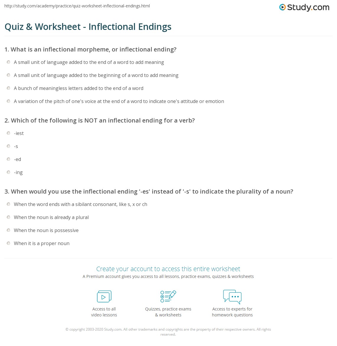 Quiz Worksheet Inflectional Endings Study
