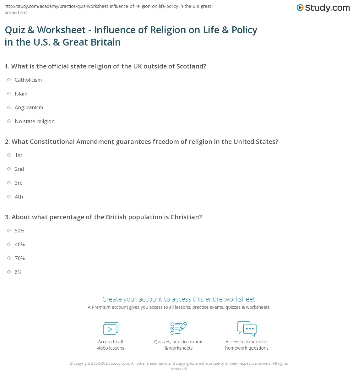 Quiz & Worksheet - Influence of Religion on Life & Policy in the U.S