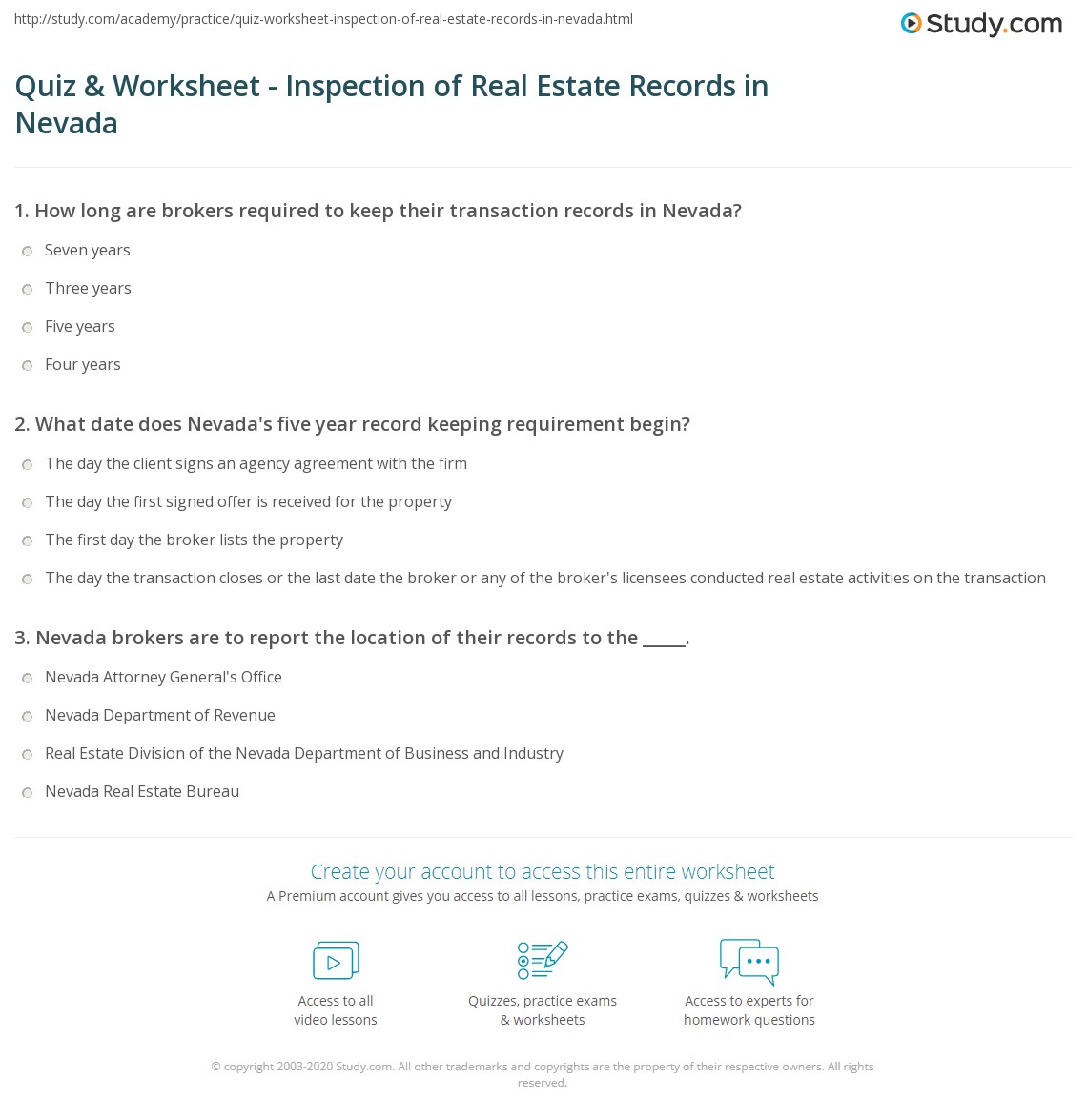 Quiz & Worksheet Inspection of Real Estate Records in Nevada