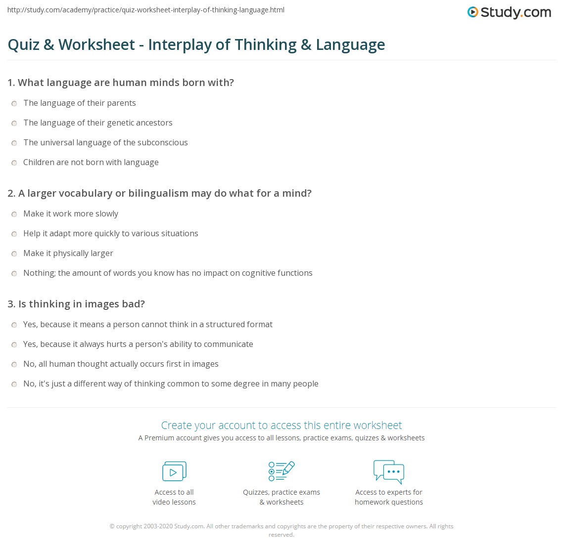 Quiz & Worksheet - Interplay of Thinking & Language | Study.com