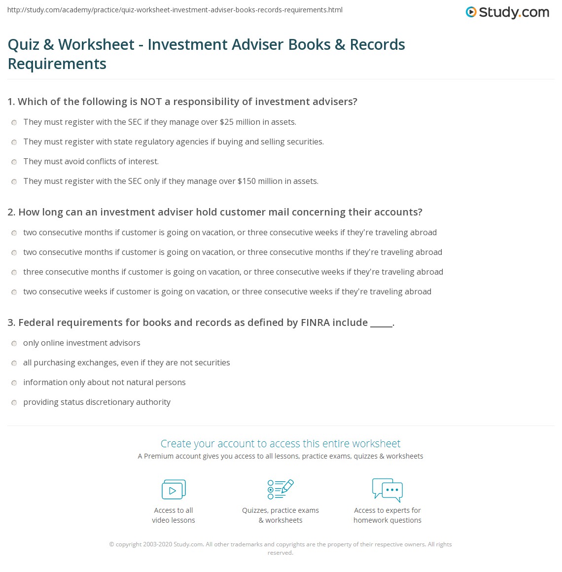 Quiz &amp; Worksheet - Investment Adviser Books &amp; Records Requirements ...