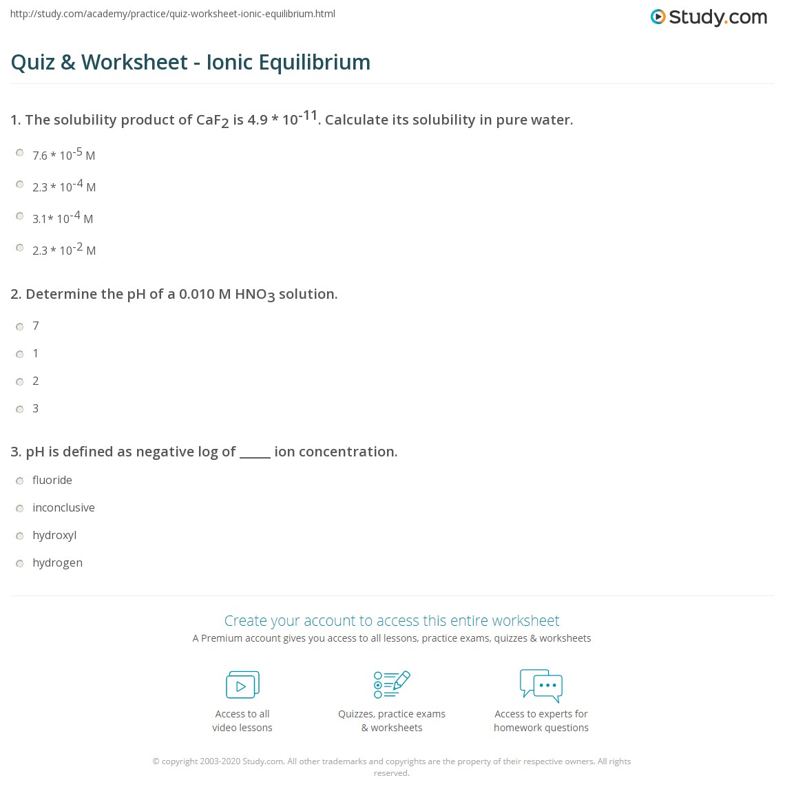 Quiz & Worksheet - Ionic Equilibrium | Study.com