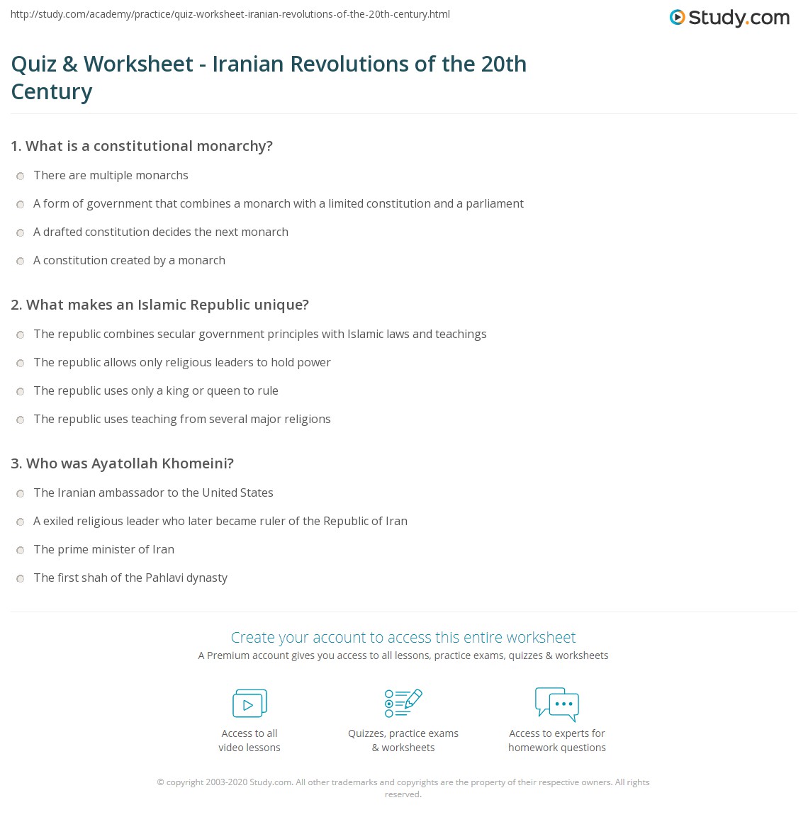 Quiz & Worksheet Iranian Revolutions of the 20th Century