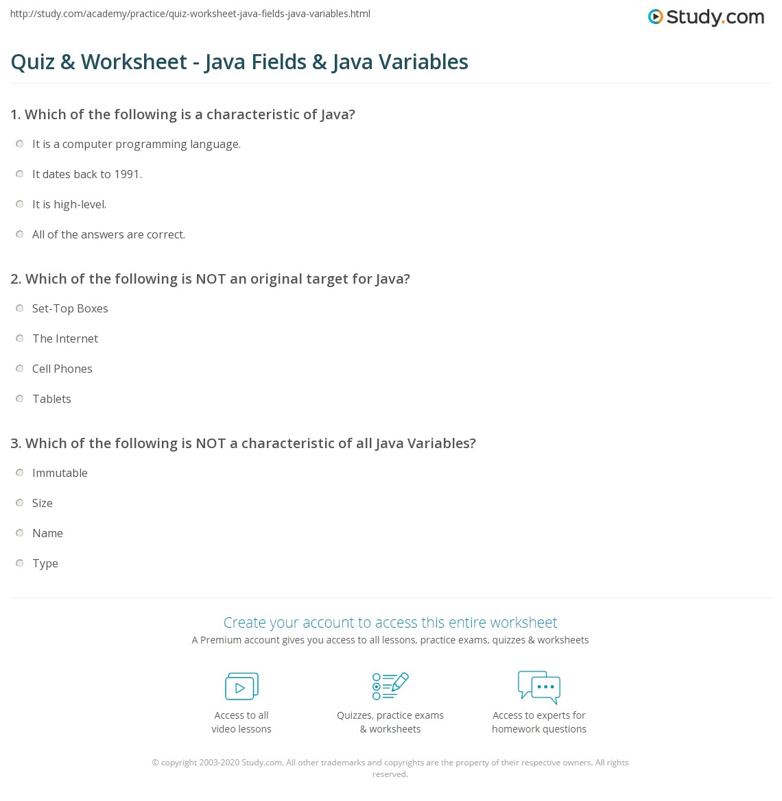 Quiz & Worksheet - Java Fields & Java Variables | Study.com
