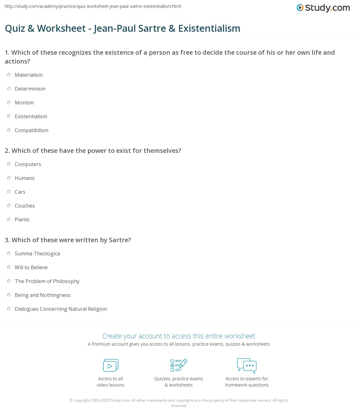 Quiz & Worksheet - Jean-Paul Sartre & Existentialism | Study.com