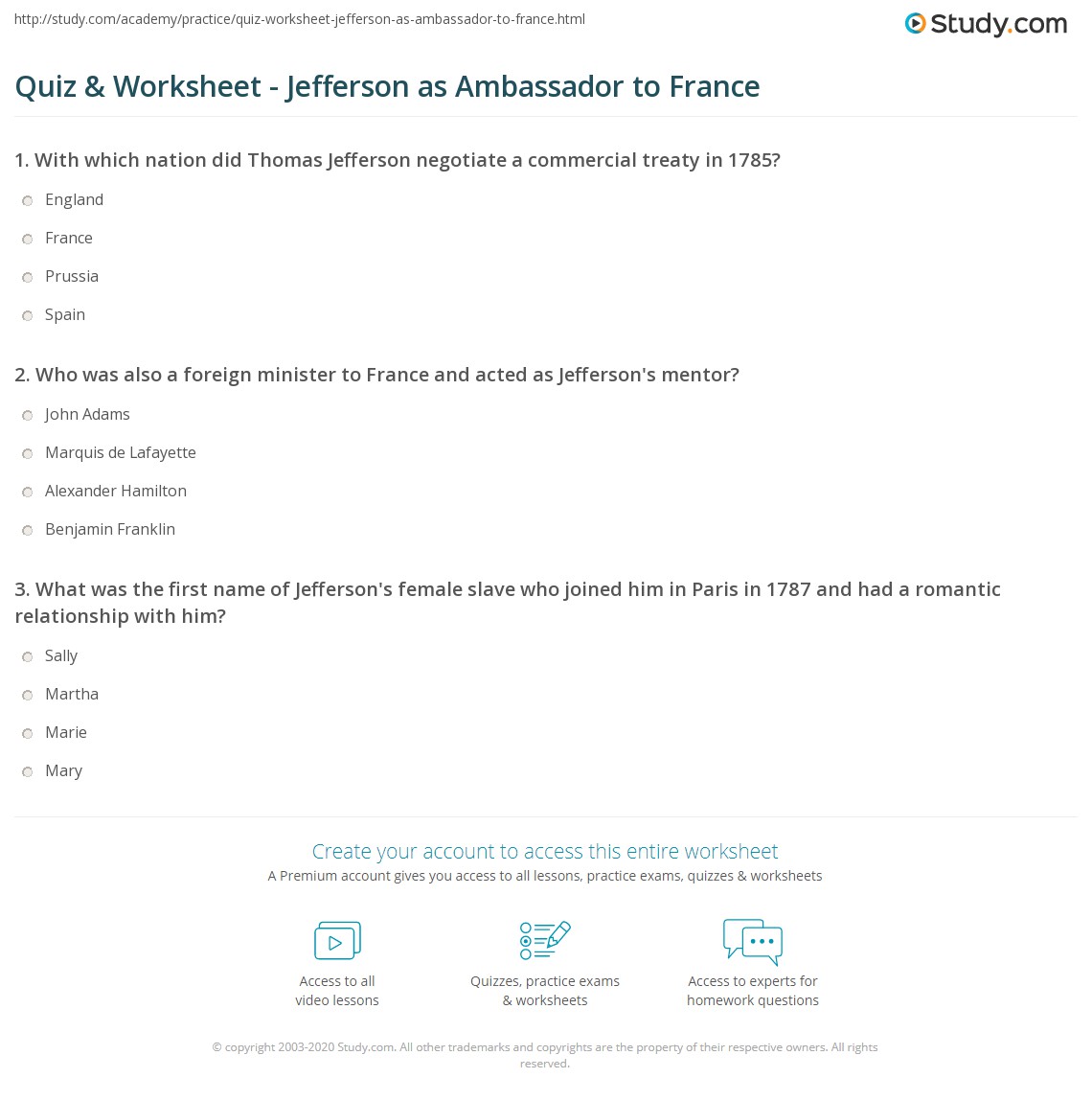 Quiz & Worksheet Jefferson as Ambassador to France