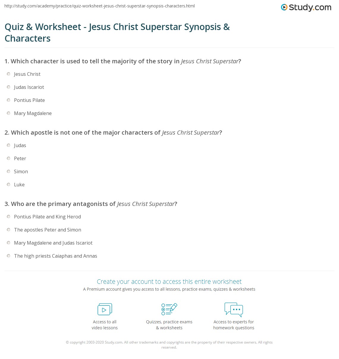 Quiz Worksheet Jesus Christ Superstar Synopsis Characters Study