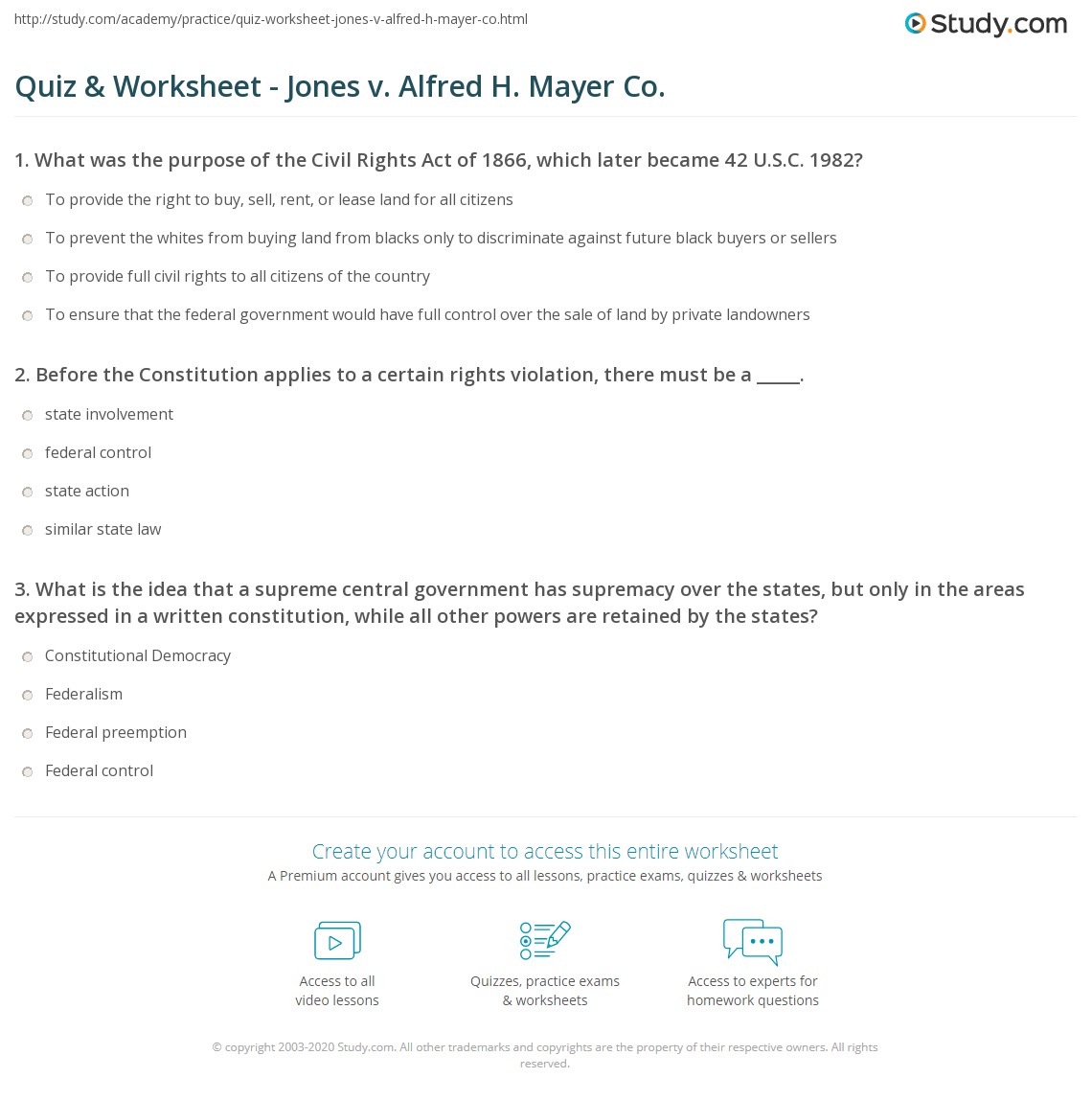 Quiz & Worksheet - Jones v. Alfred H. Mayer Co. | Study.com