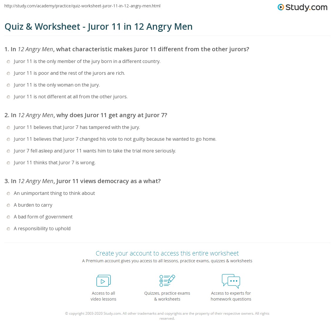 Quiz & Worksheet - Juror 11 in 12 Angry Men | Study.com