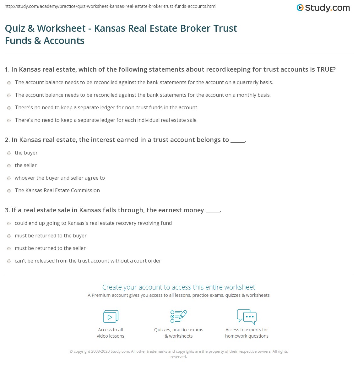 Quiz & Worksheet Kansas Real Estate Broker Trust Funds & Accounts