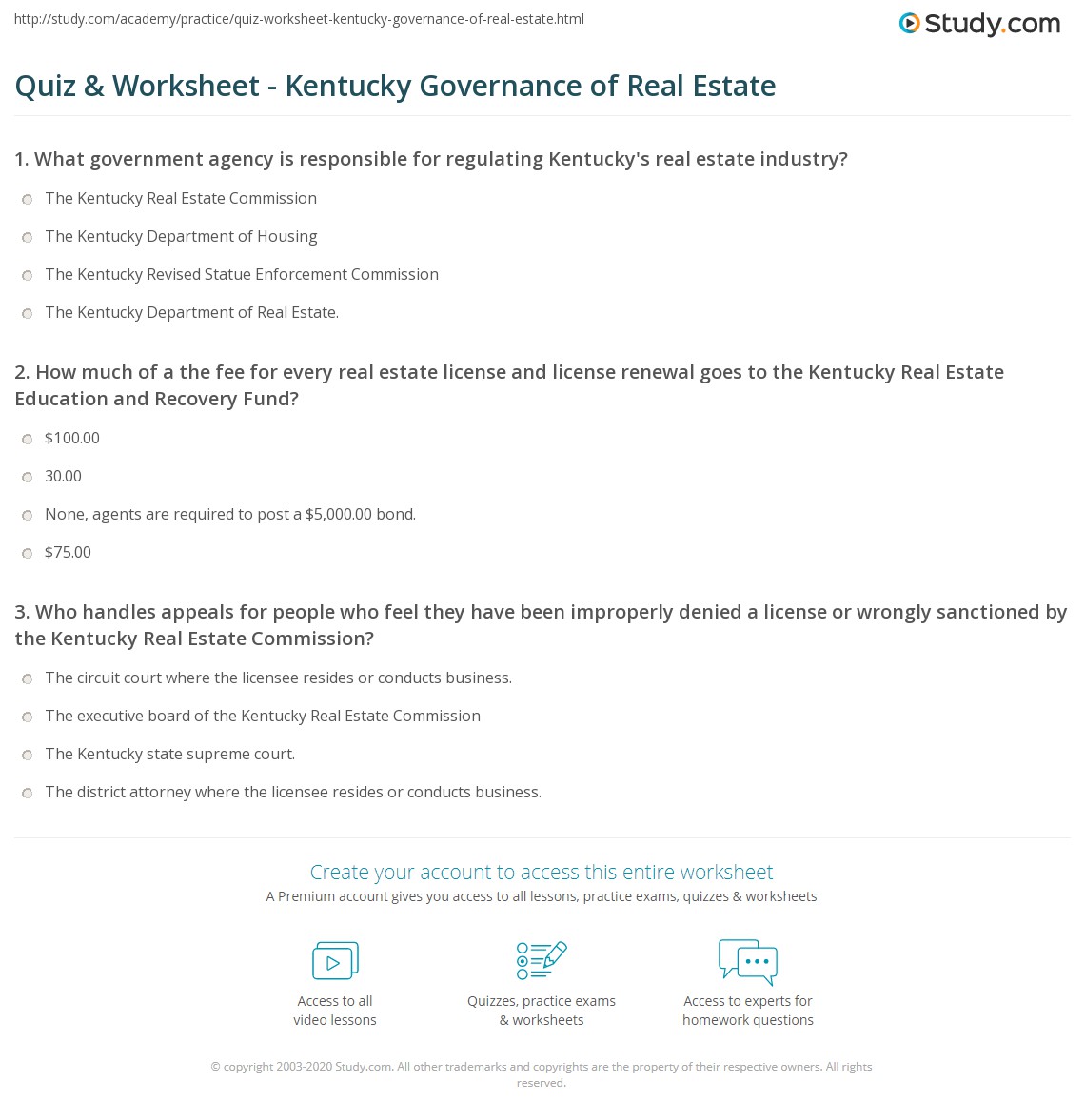 Quiz & Worksheet Kentucky Governance of Real Estate