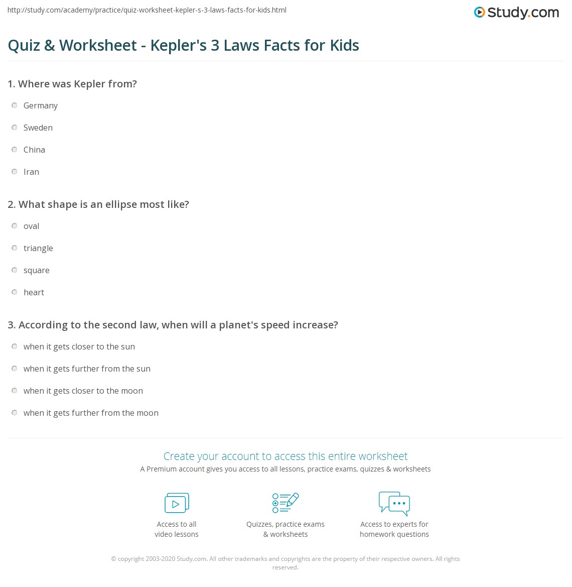 Quiz & Worksheet - Kepler's 3 Laws Facts for Kids | Study.com