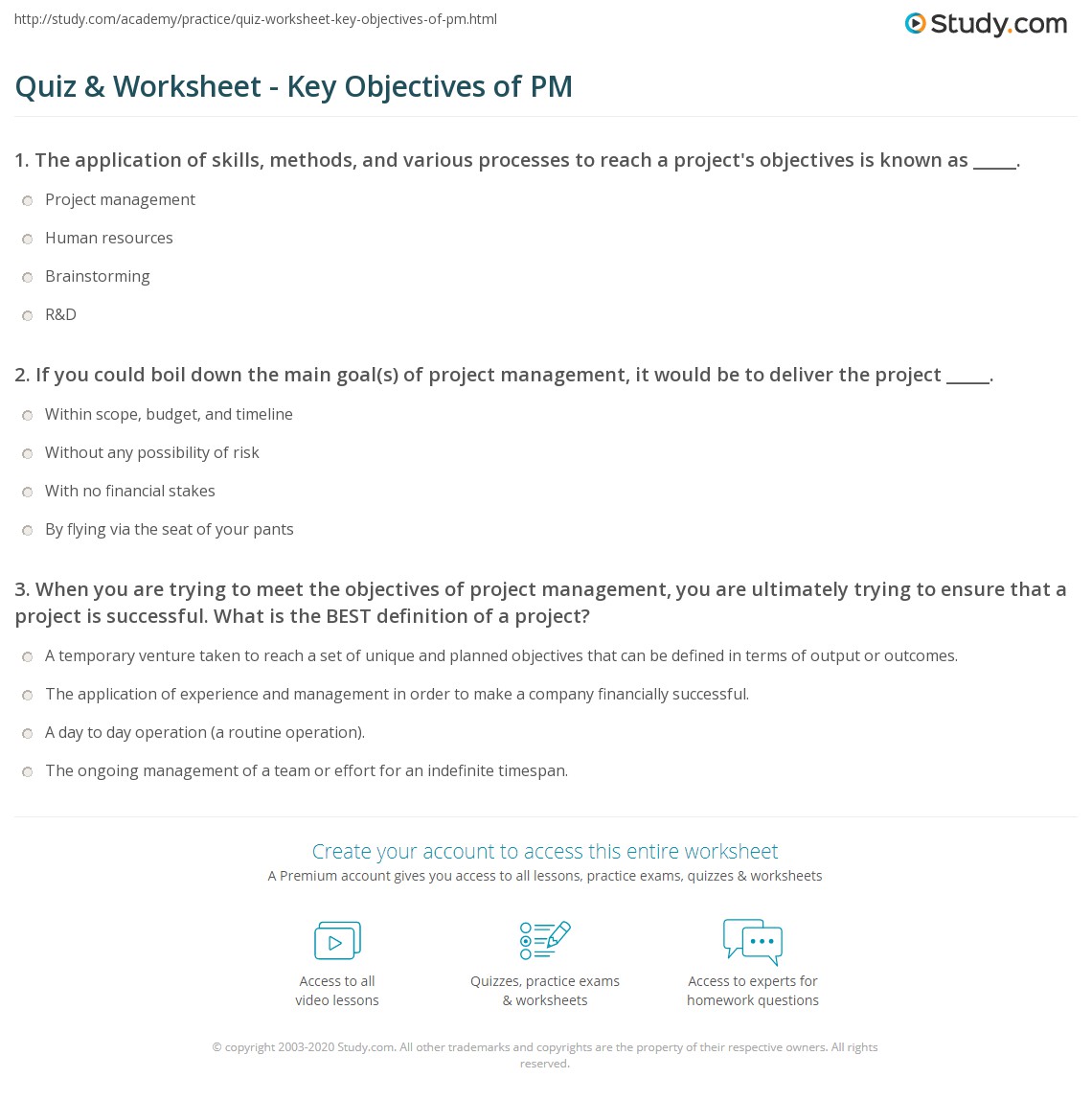 Quiz & Worksheet - Key Objectives of PM | Study.com