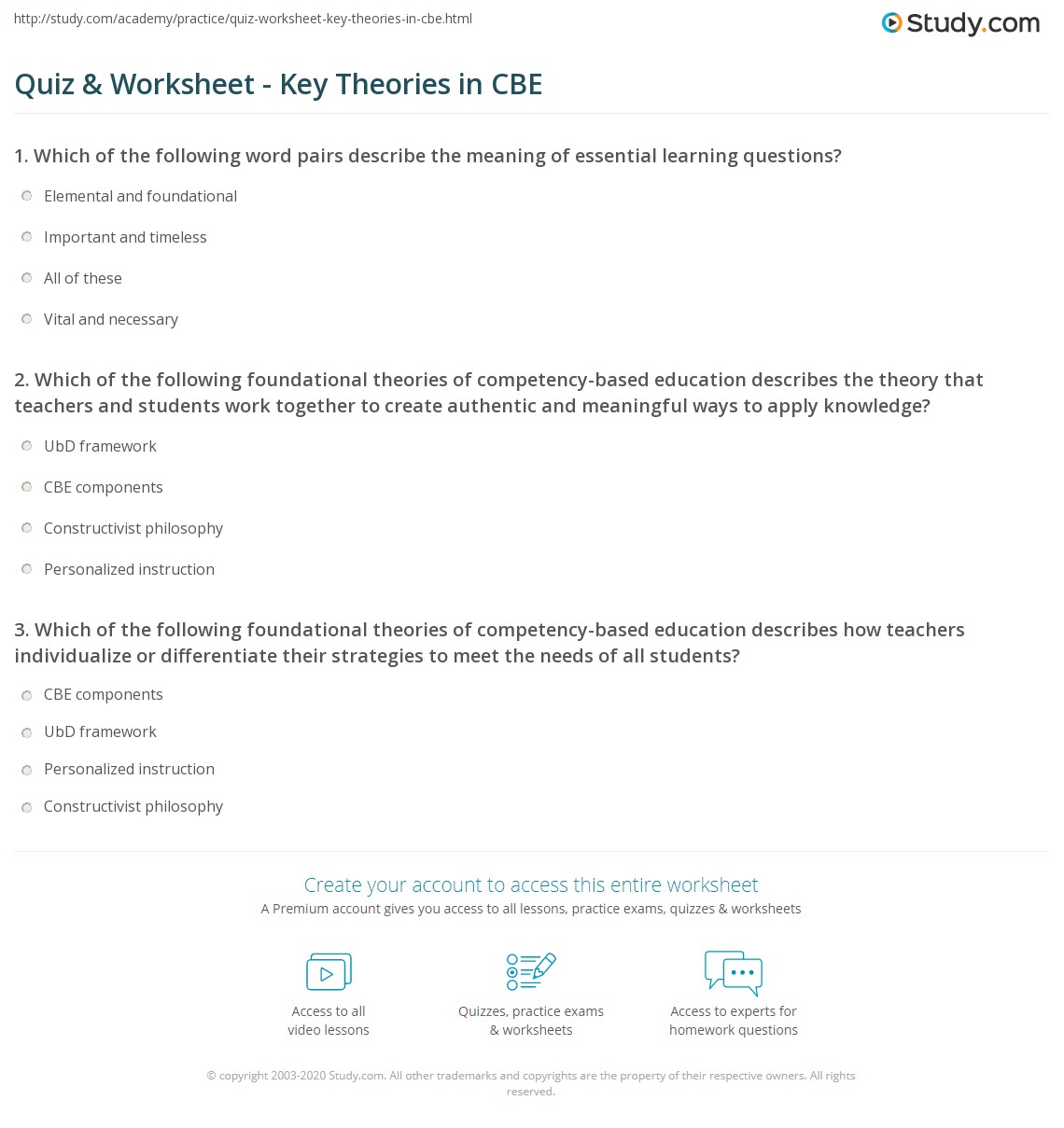 Quiz Worksheet Key Theories In Cbe Study
