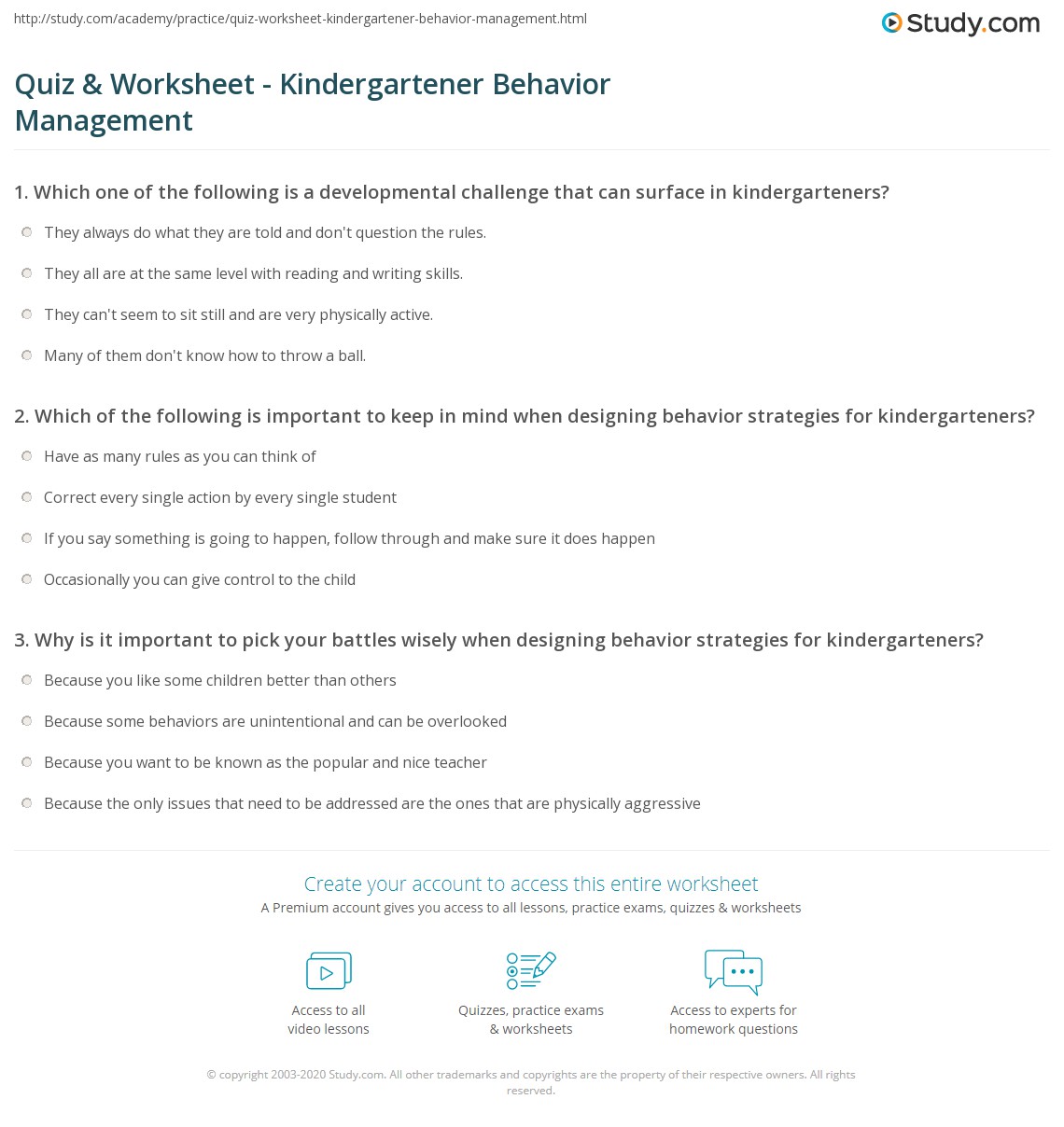 Quiz & Worksheet - Kindergartener Behavior Management | Study.com