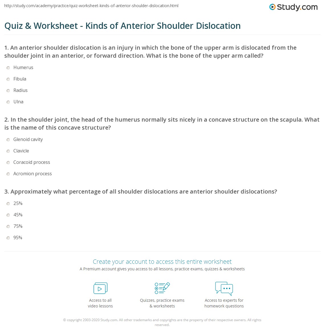 Dislocation Allowance Worksheet Quiz & Worksheet - Kinds of Anterior Shoulder Dislocation | Study.com