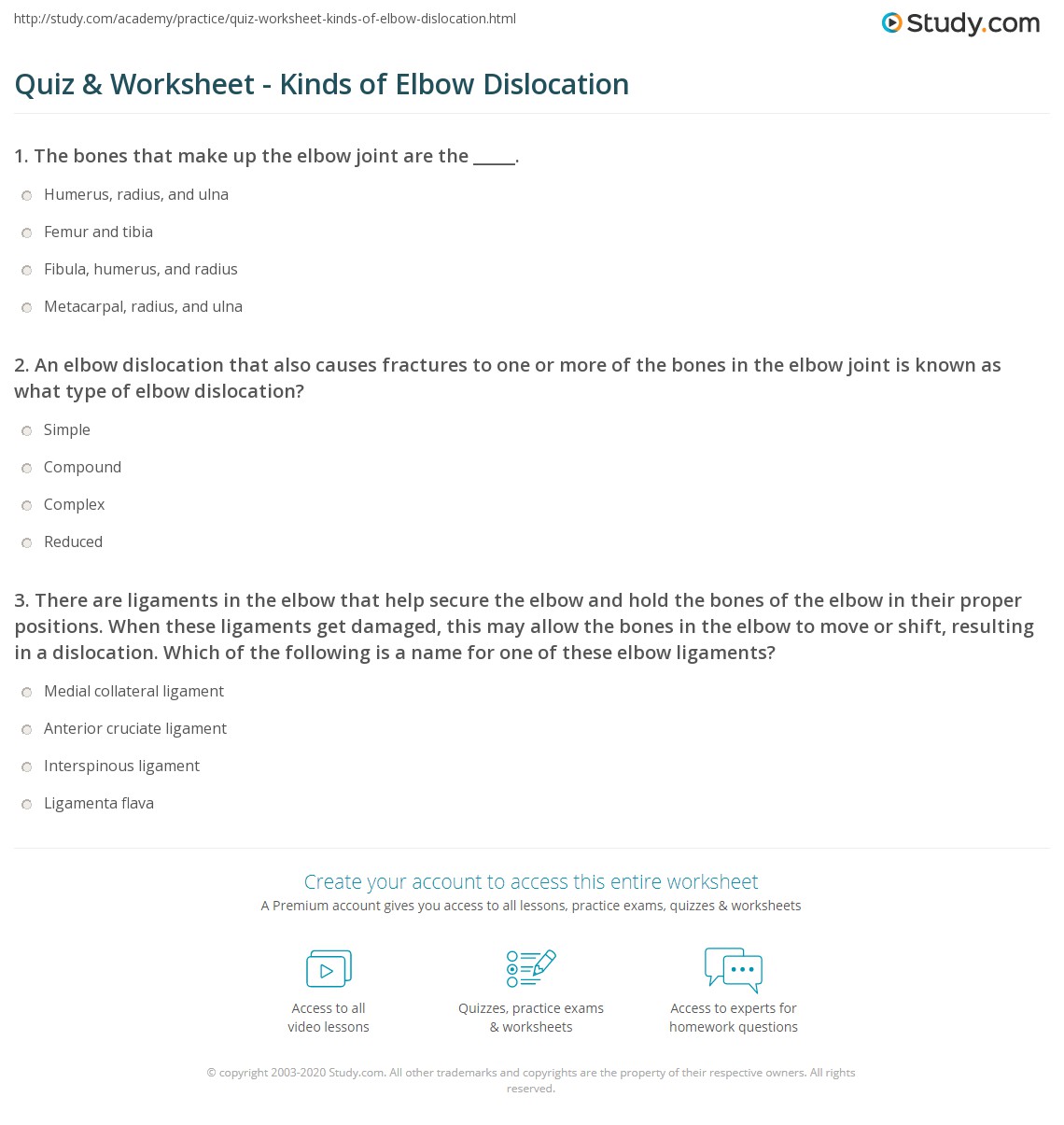 Dislocation Allowance Worksheet Quiz & Worksheet - Kinds of Elbow Dislocation | Study.com