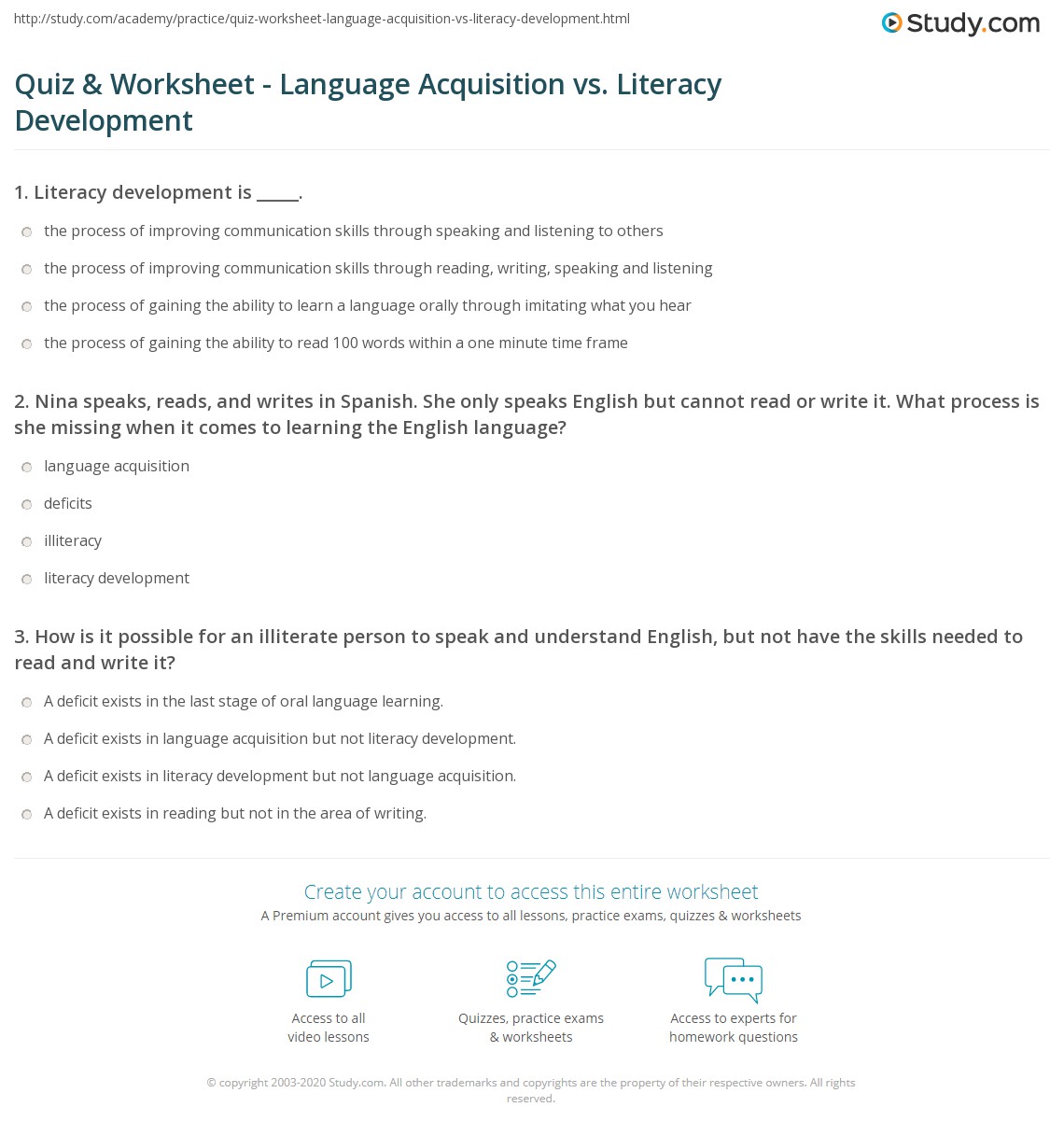 Quiz & Worksheet - Language Acquisition vs. Literacy Development ...
