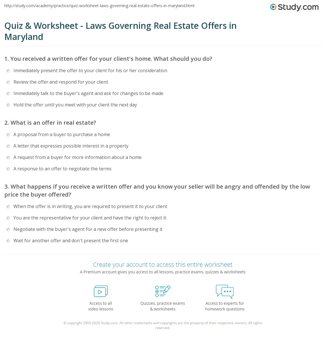 Quiz & Worksheet Laws Governing Real Estate Offers in Maryland