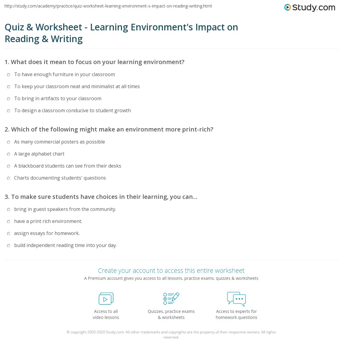 Quiz & Worksheet - Learning Environment's Impact on Reading & Writing ...