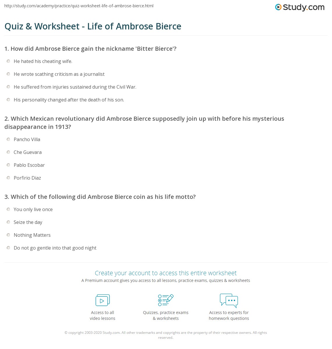 Quiz & Worksheet - Life of Ambrose Bierce | Study.com