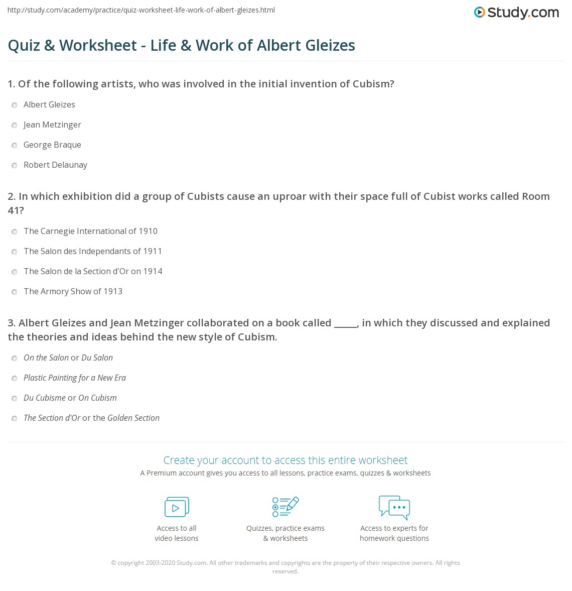 Quiz & Worksheet - Life & Work of Albert Gleizes | Study.com