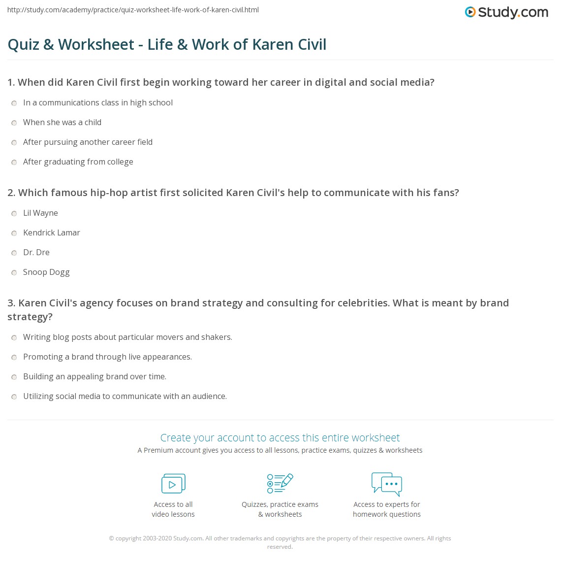Quiz Worksheet Life Work Of Karen Civil Study Com
