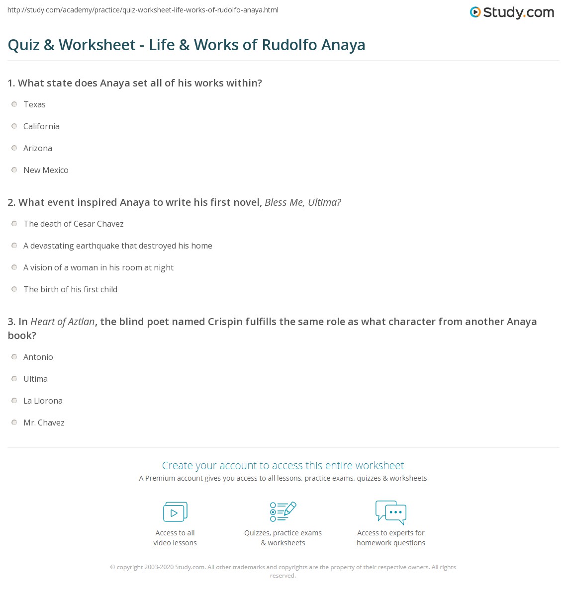 Quiz & Worksheet - Life & Works of Rudolfo Anaya | Study.com