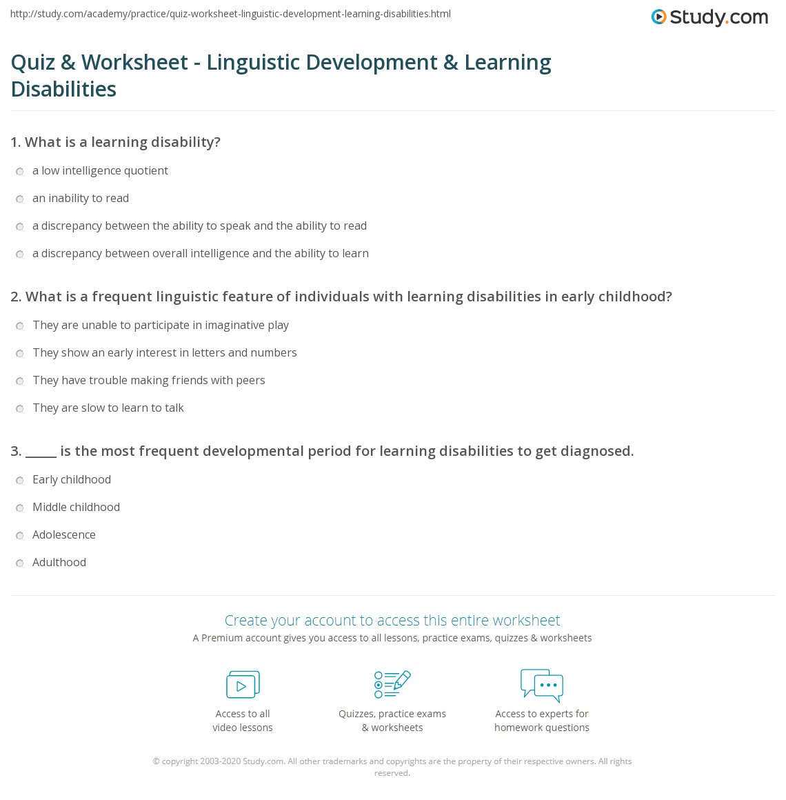 Quiz & Worksheet - Linguistic Development & Learning Disabilities ...