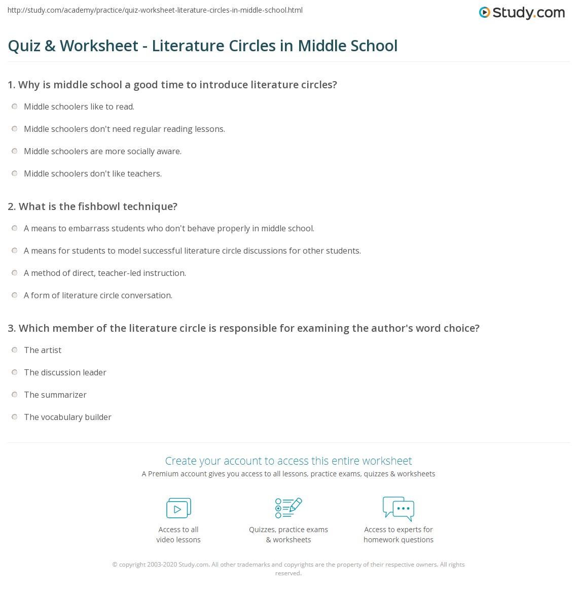 Quiz & Worksheet Literature Circles in Middle School