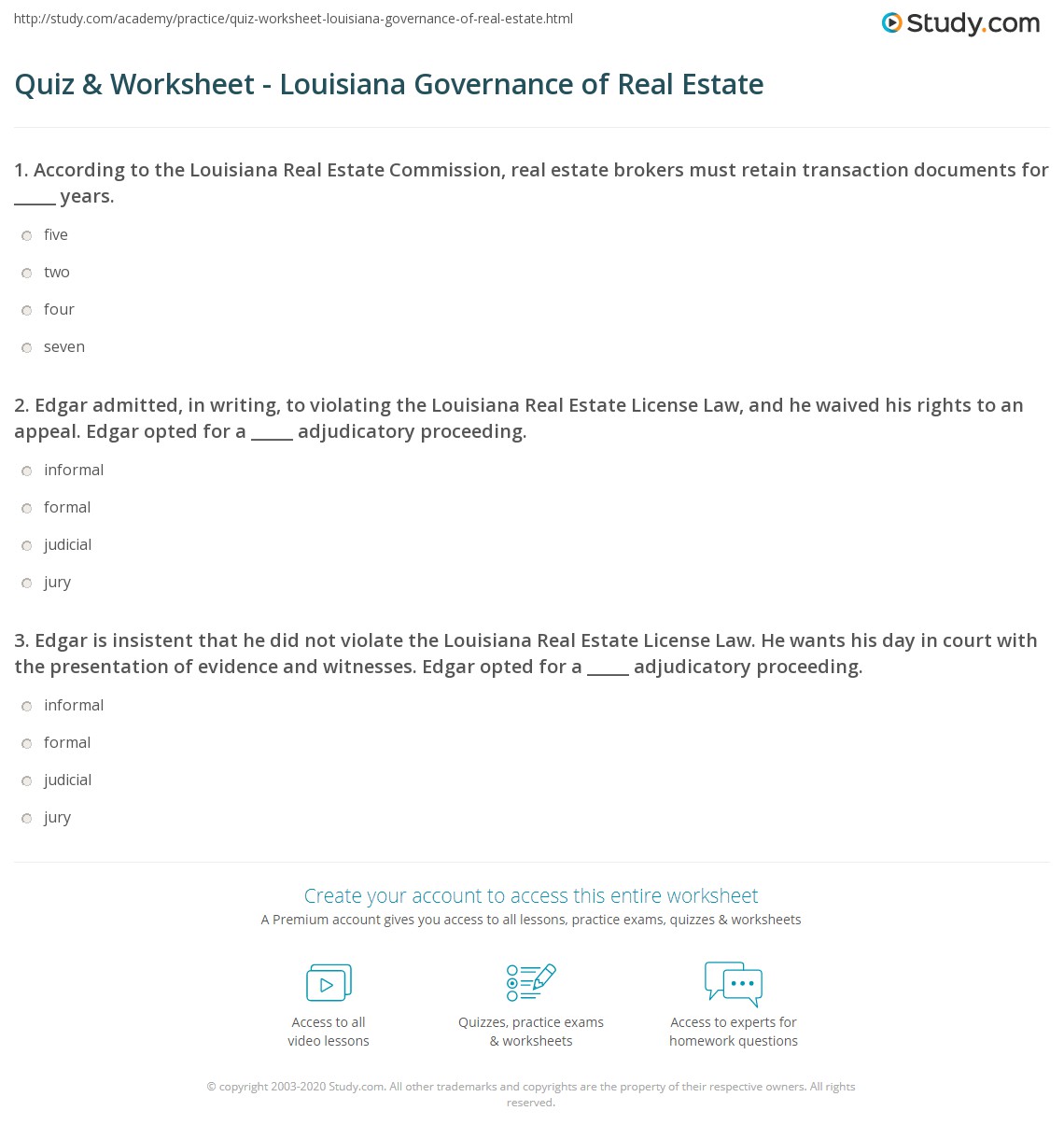 Quiz Worksheet Louisiana Governance Of Real Estate Study
