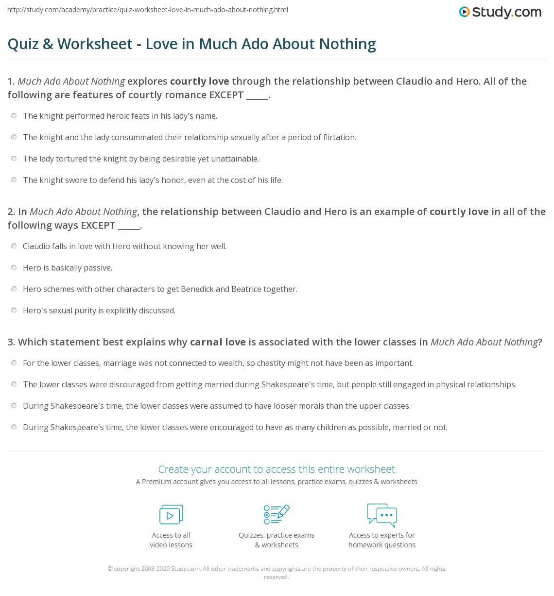 Quiz Worksheet Love In Much Ado About Nothing Study