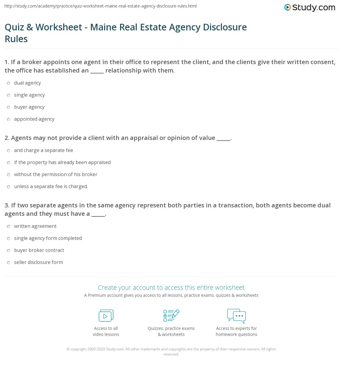 Quiz & Worksheet Maine Real Estate Agency Disclosure Rules