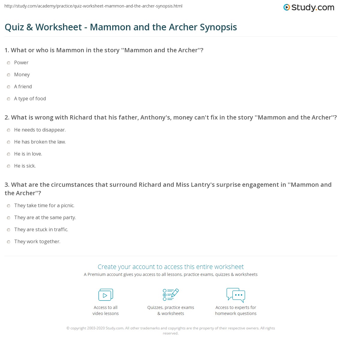 Quiz & Worksheet - Mammon and the Archer Synopsis | Study.com