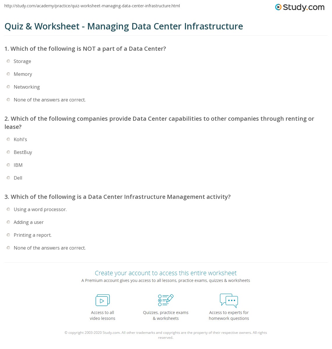 Quiz & Worksheet - Managing Data Center Infrastructure | Study.com
