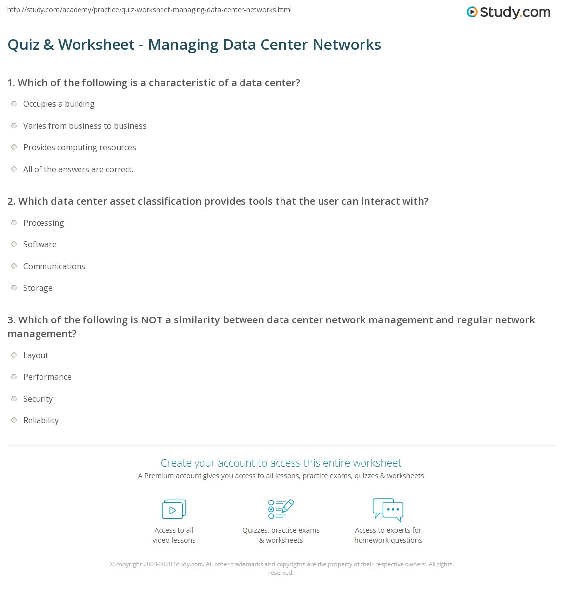 Data Room Worksheet Quiz & Worksheet - Managing Data Center Networks | Study.com