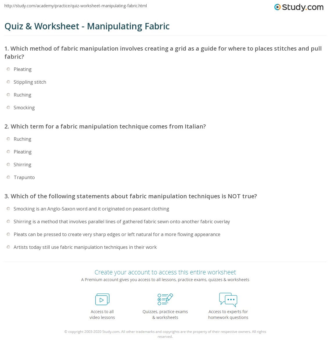 Quiz Worksheet Manipulating Fabric Study
