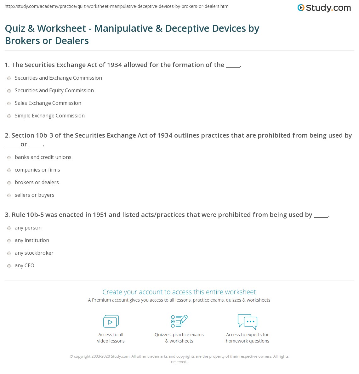 Quiz & Worksheet - Manipulative & Deceptive Devices by Brokers or ...