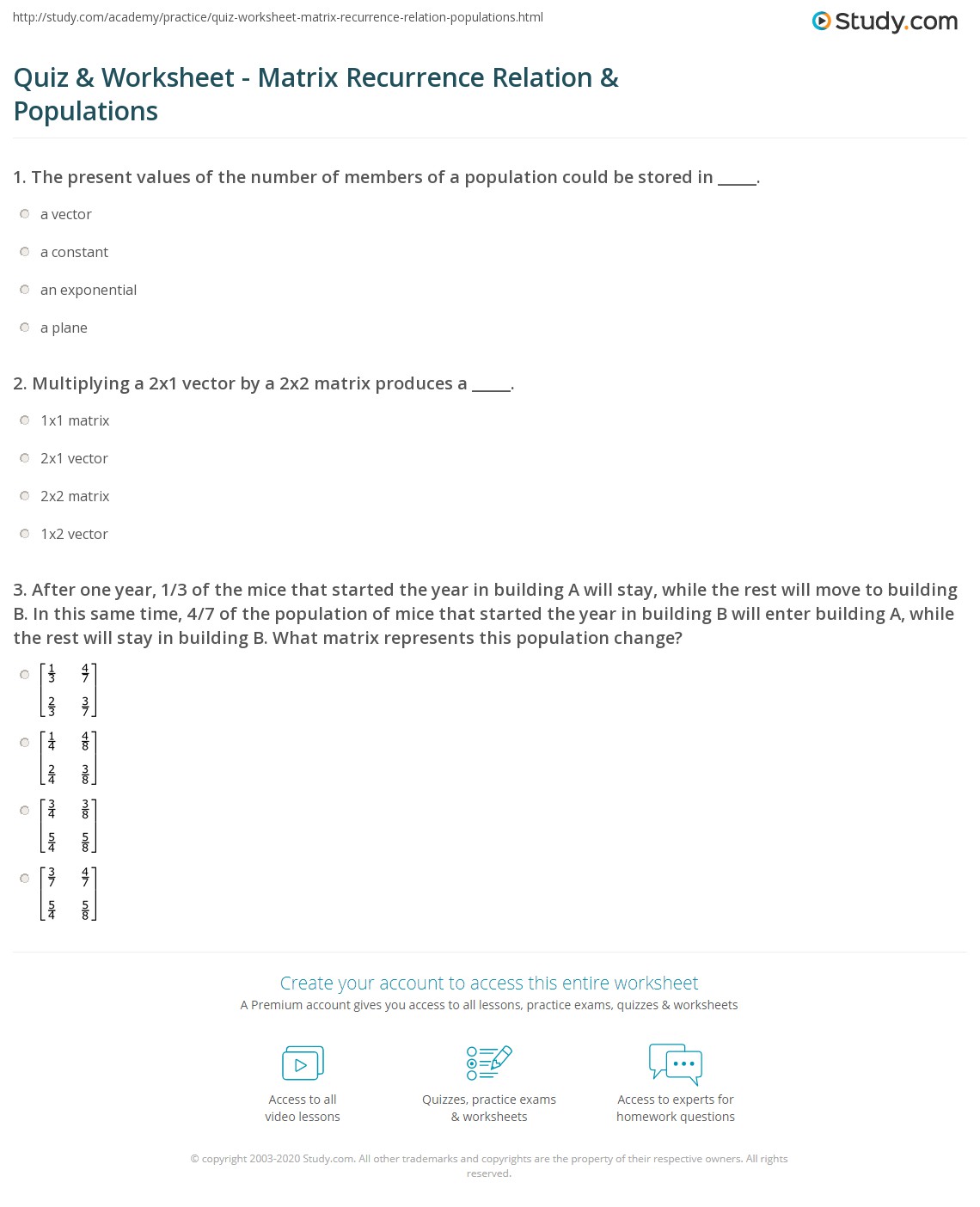 Population Matrix Practice Quiz & Worksheet - Matrix Recurrence Relation & Populations | Study.com