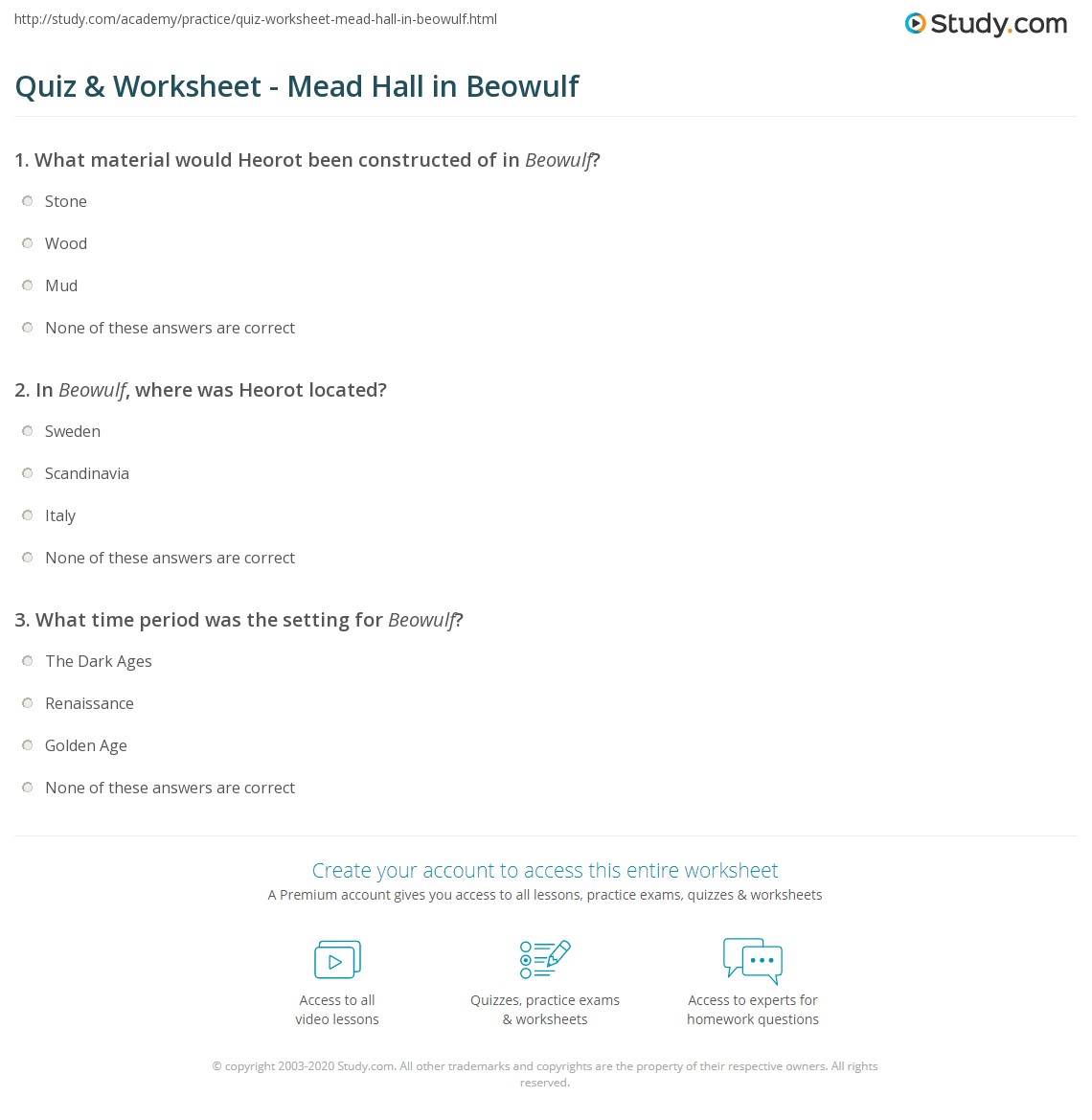 Quiz & Worksheet Mead Hall in Beowulf