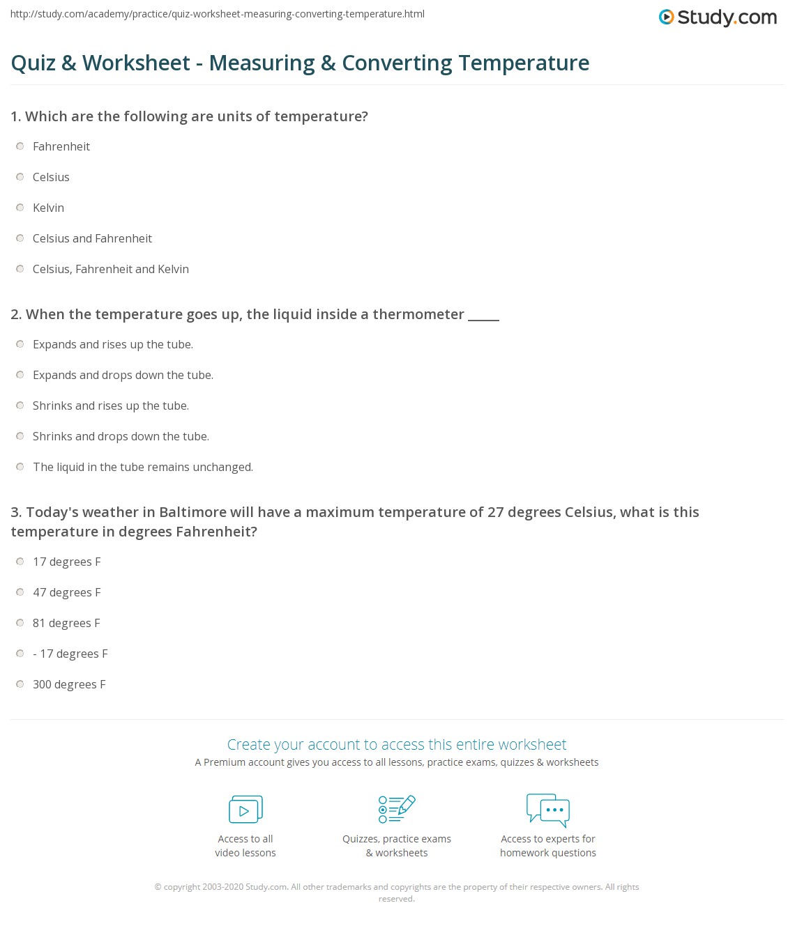 Quiz Worksheet Measuring Converting Temperature Study
