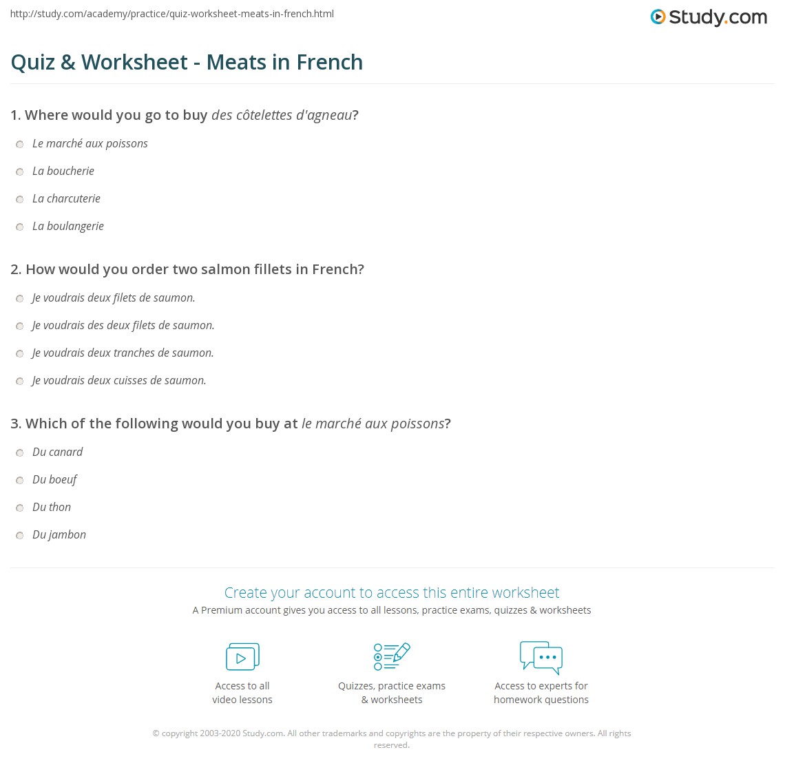 Quiz & Worksheet Meats in French