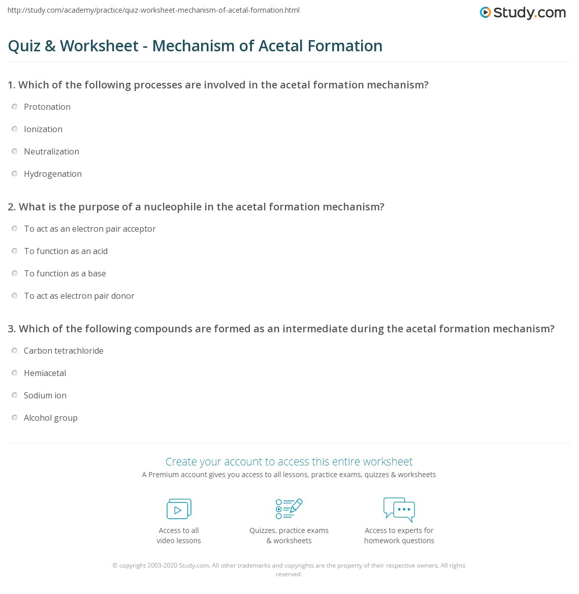 Quiz & Worksheet - Mechanism of Acetal Formation | Study.com