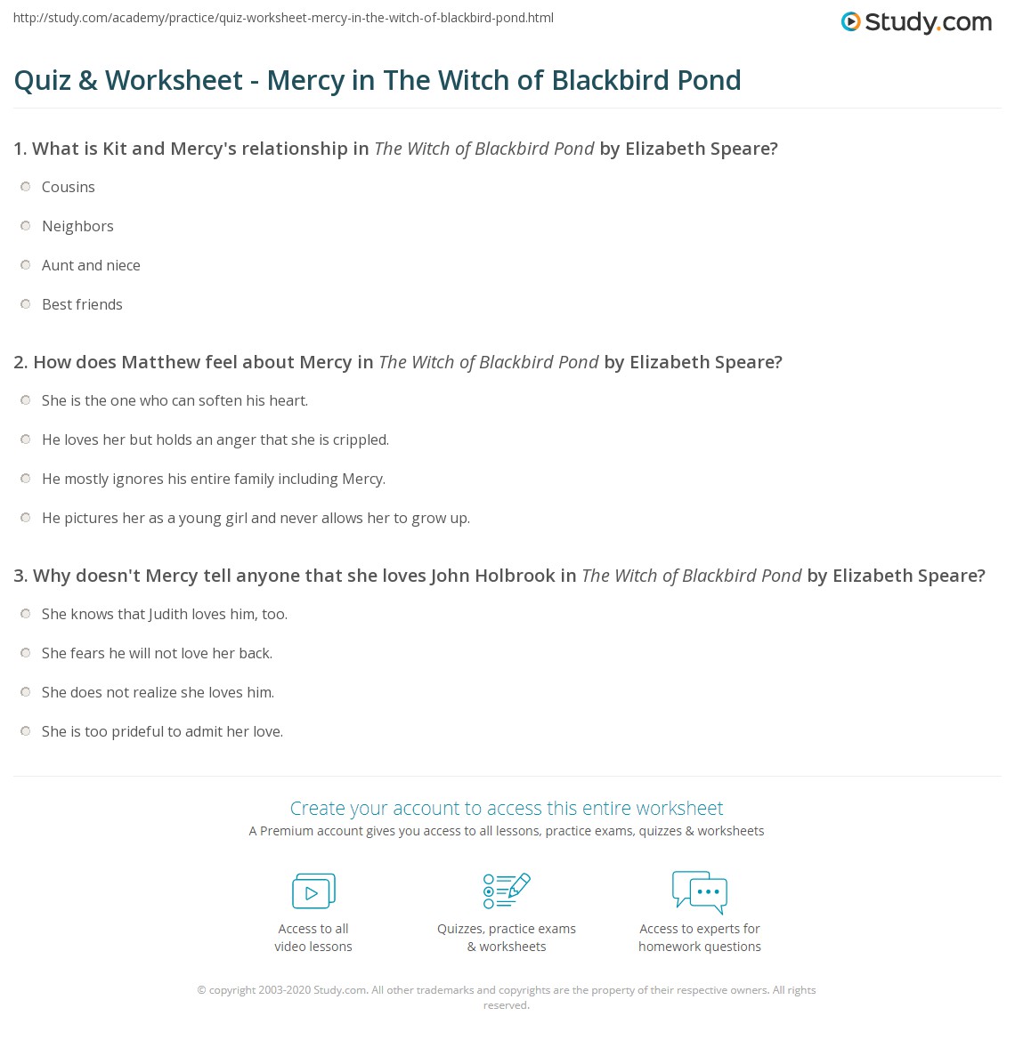 Quiz &amp; Worksheet - Mercy in The Witch of Blackbird Pond | Study.com