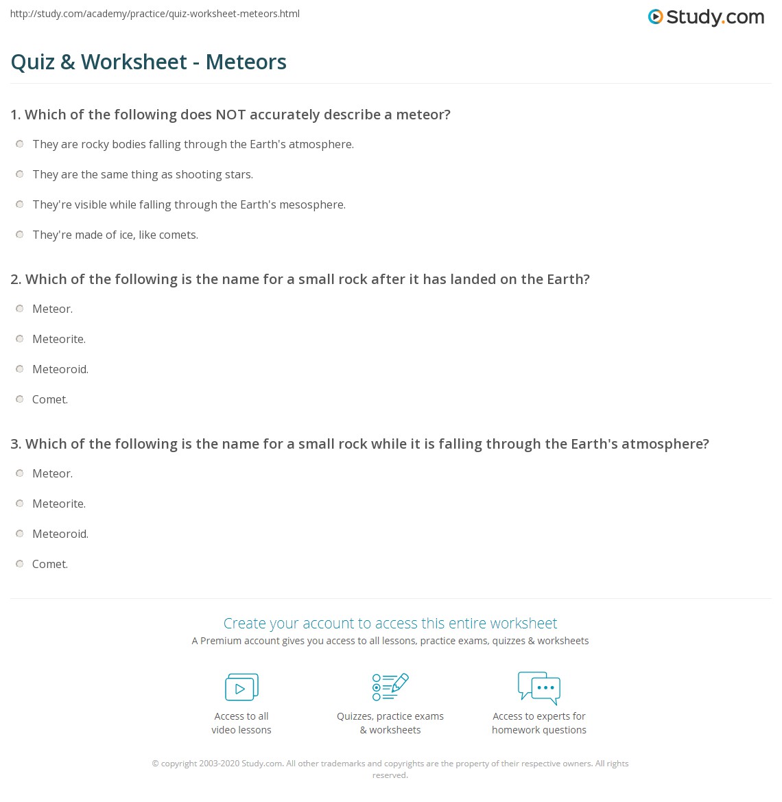 Quiz & Worksheet - Meteors | Study.com