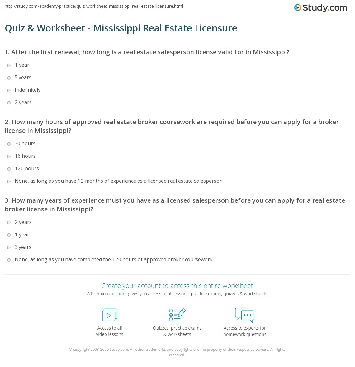 Quiz & Worksheet Mississippi Real Estate Licensure