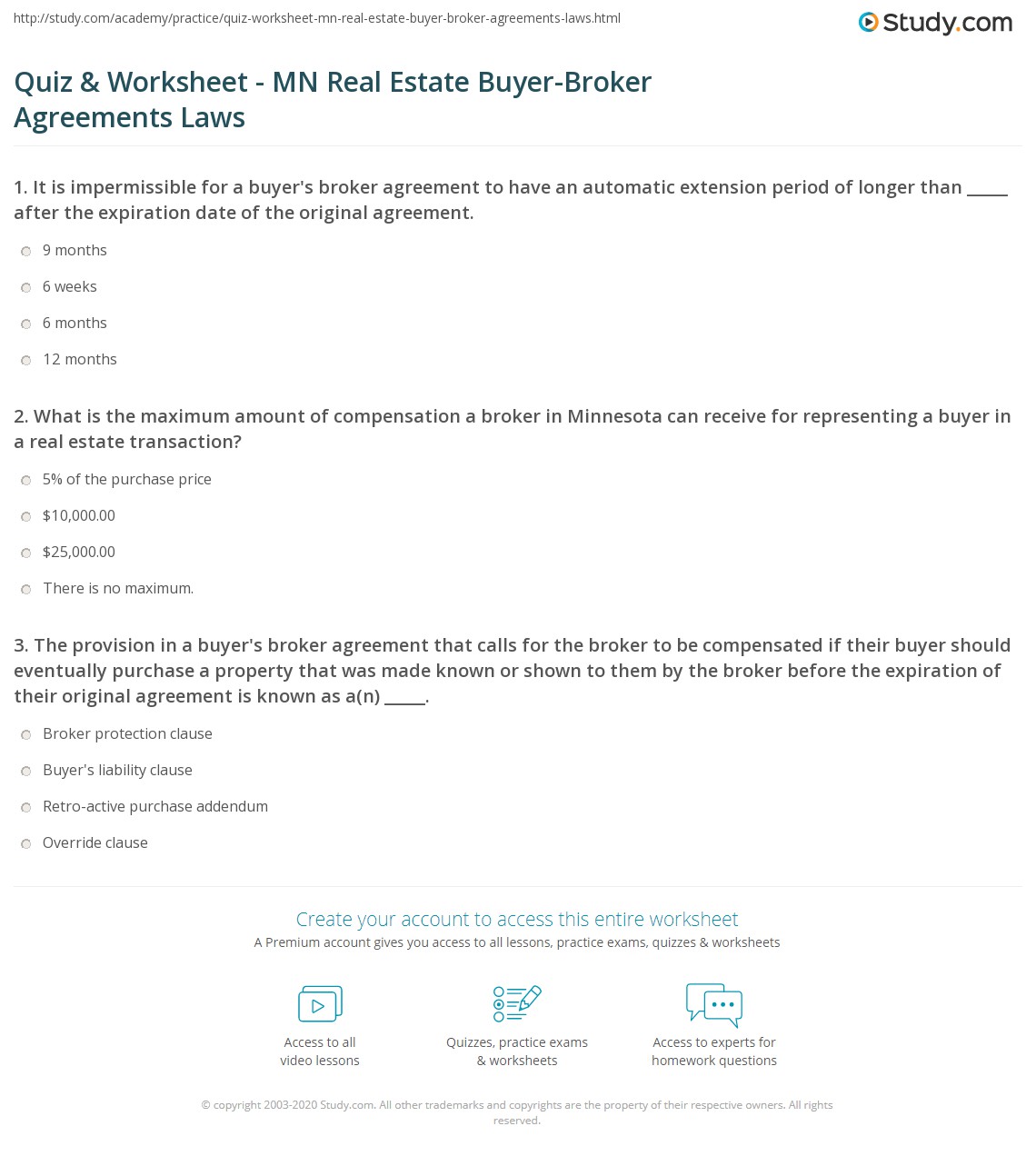 Quiz & Worksheet MN Real Estate BuyerBroker Agreements Laws